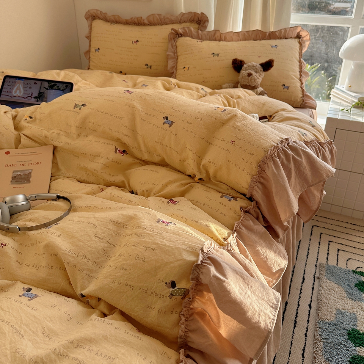 91家纺网 家纺一手货源 找家纺 韩都家居 2026新款韩系大花边系列古棉四件套 斑珈狗