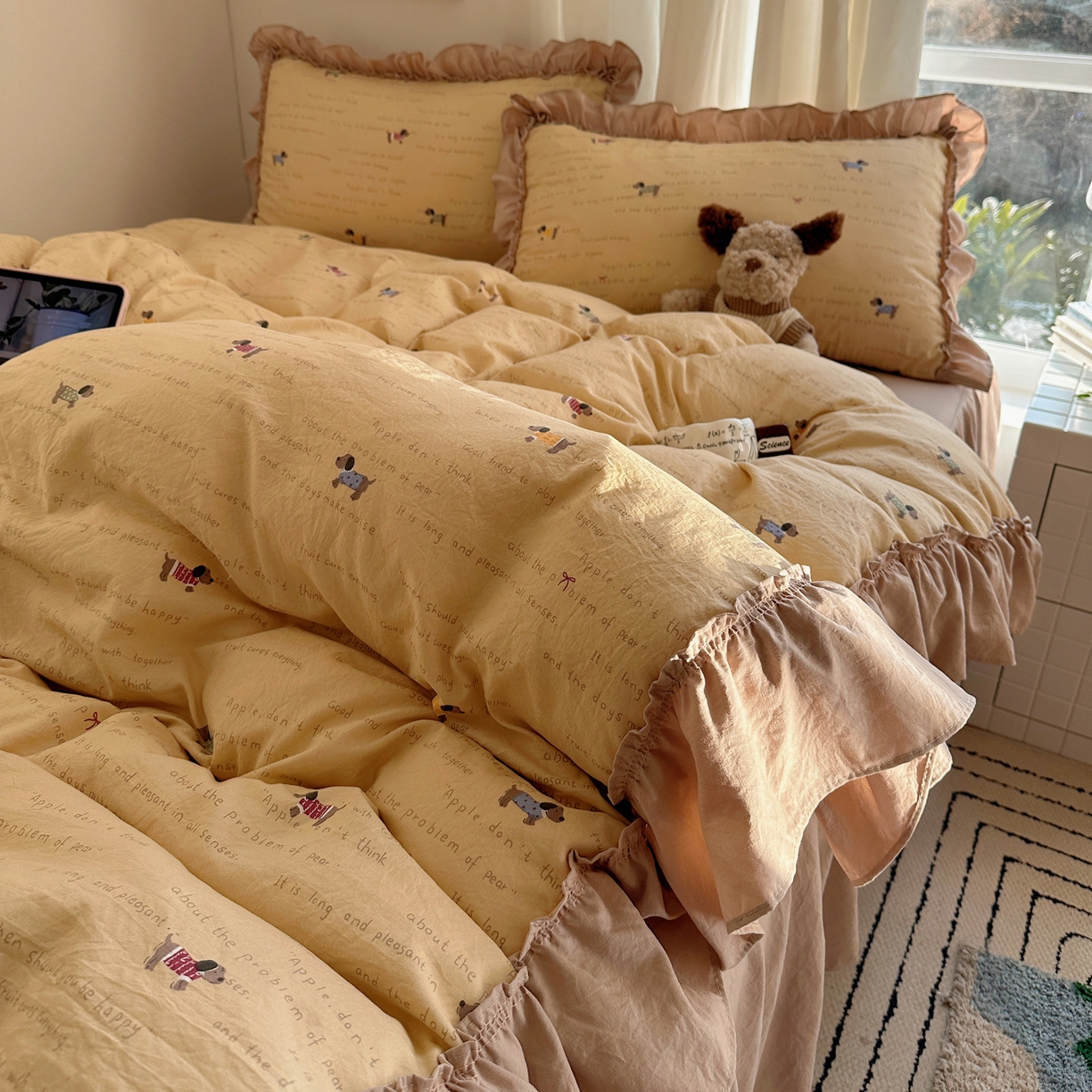 91家纺网 家纺一手货源 找家纺 韩都家居 2026新款韩系大花边系列古棉四件套 斑珈狗