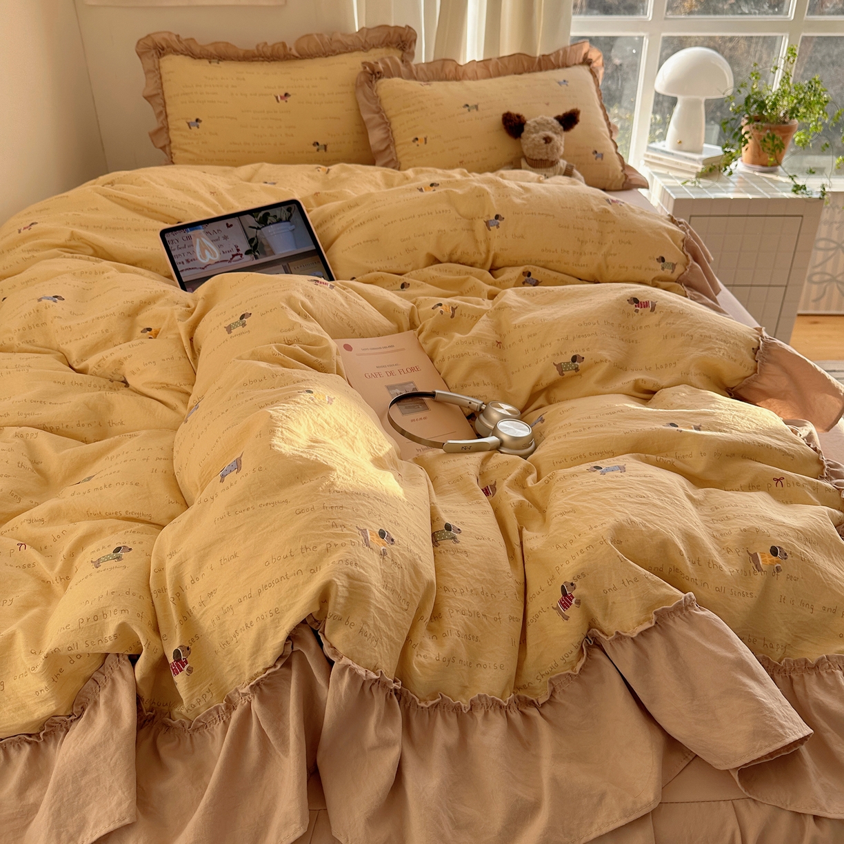 91家纺网 家纺一手货源 找家纺 韩都家居 2026新款韩系大花边系列古棉四件套 斑珈狗