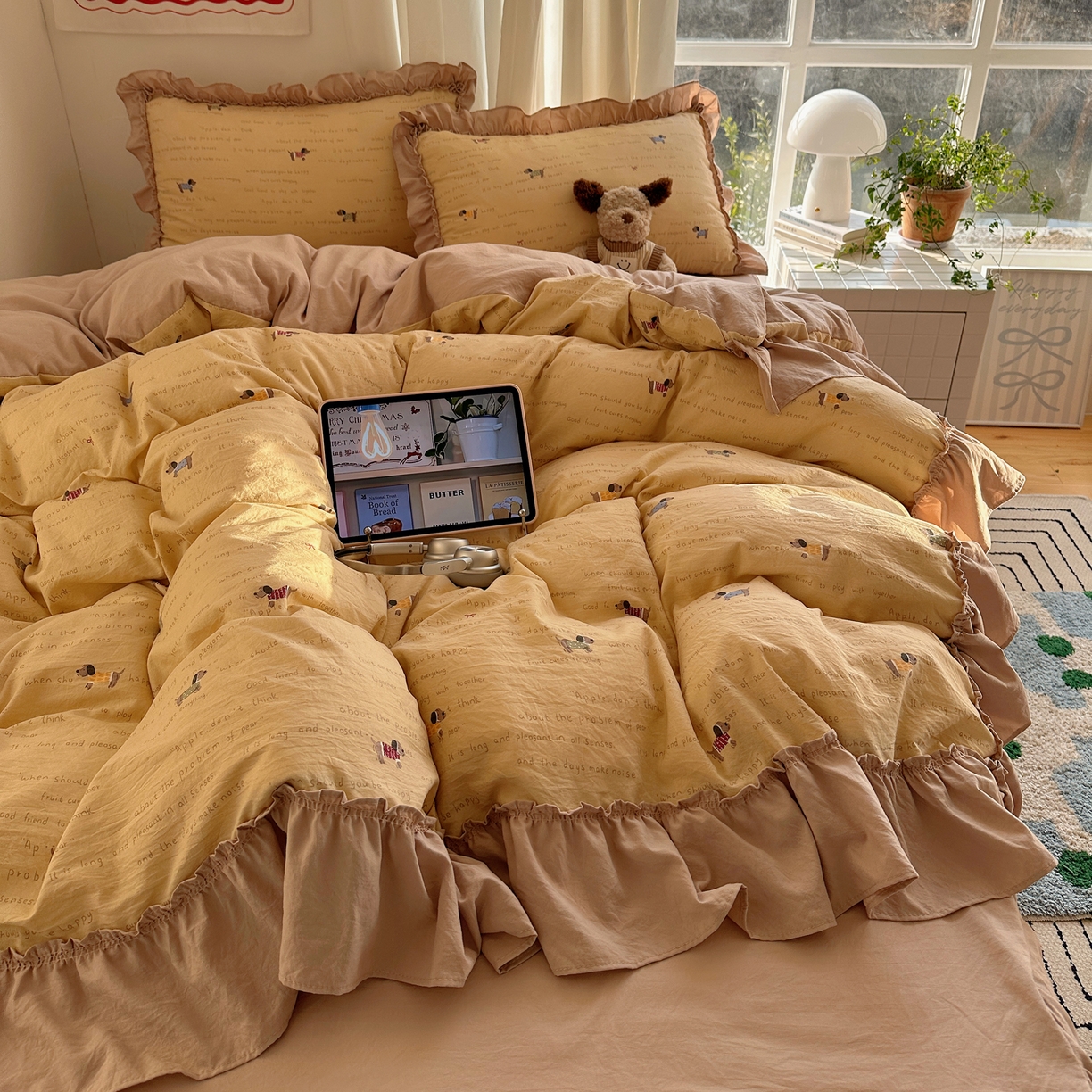 91家纺网 家纺一手货源 找家纺 韩都家居 2026新款韩系大花边系列古棉四件套 斑珈狗