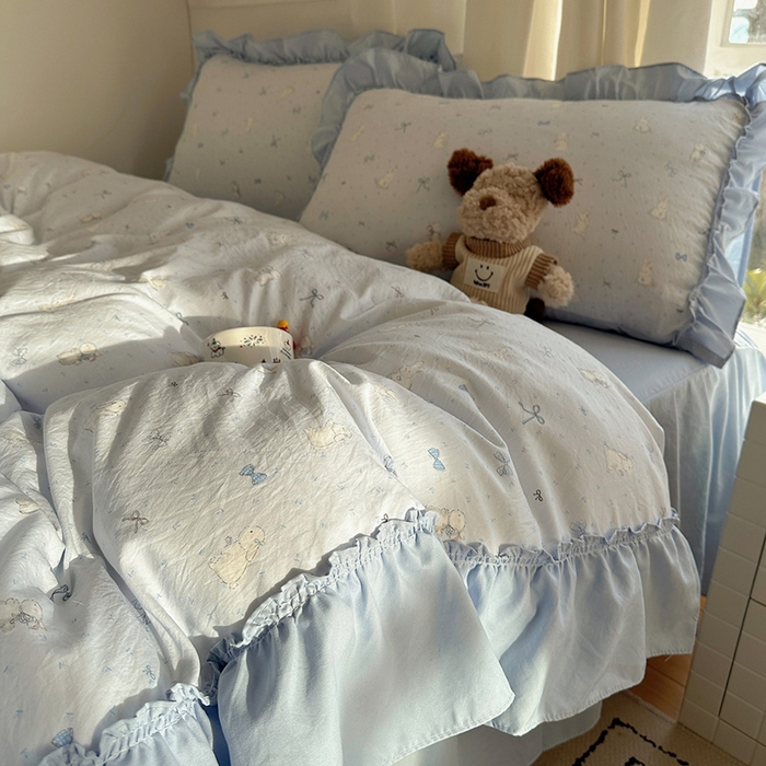 91家纺网 家纺一手货源 找家纺 韩都家居 2026新款韩系大花边系列古棉四件套 蓝海