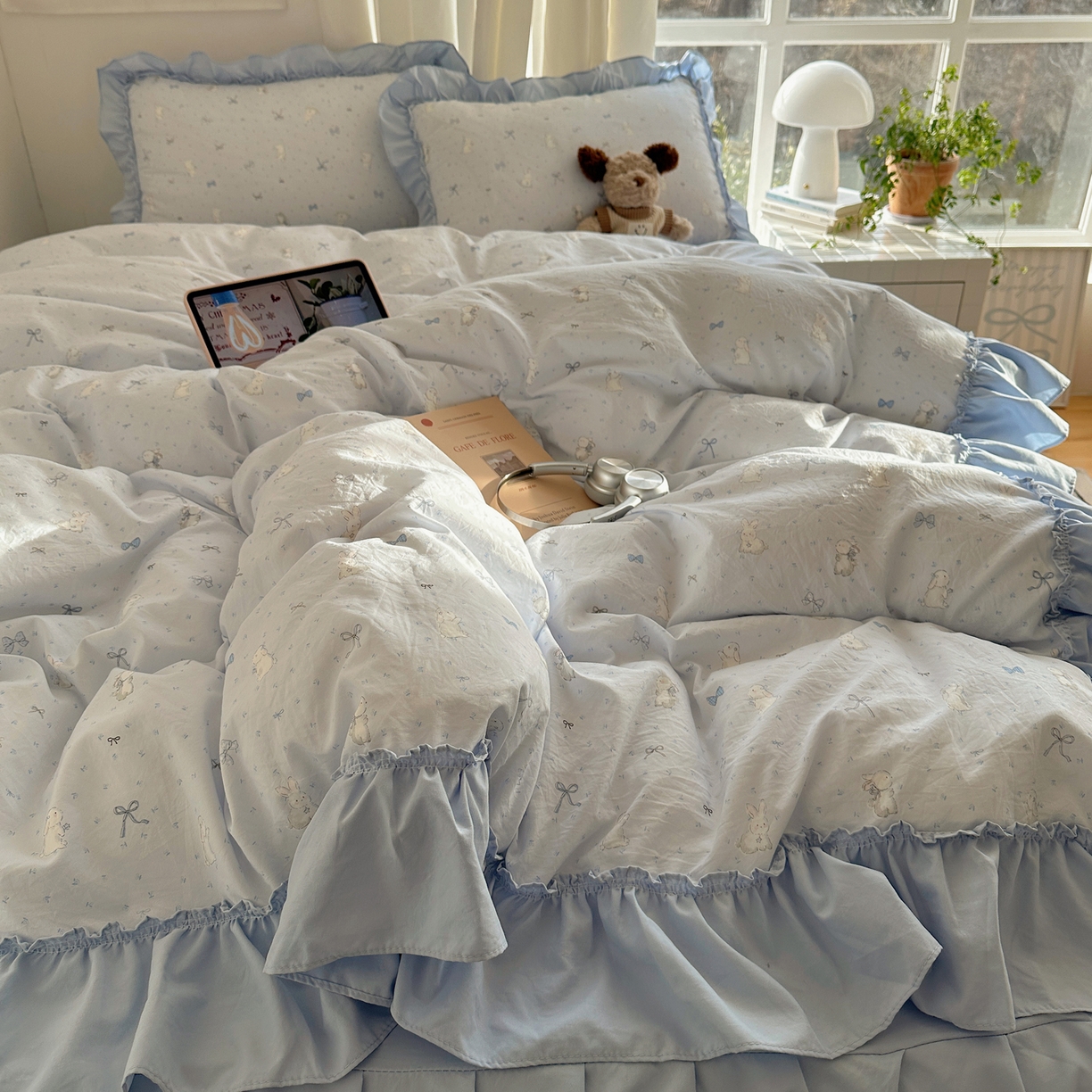 91家纺网 家纺一手货源 找家纺 韩都家居 2026新款韩系大花边系列古棉四件套 蓝海