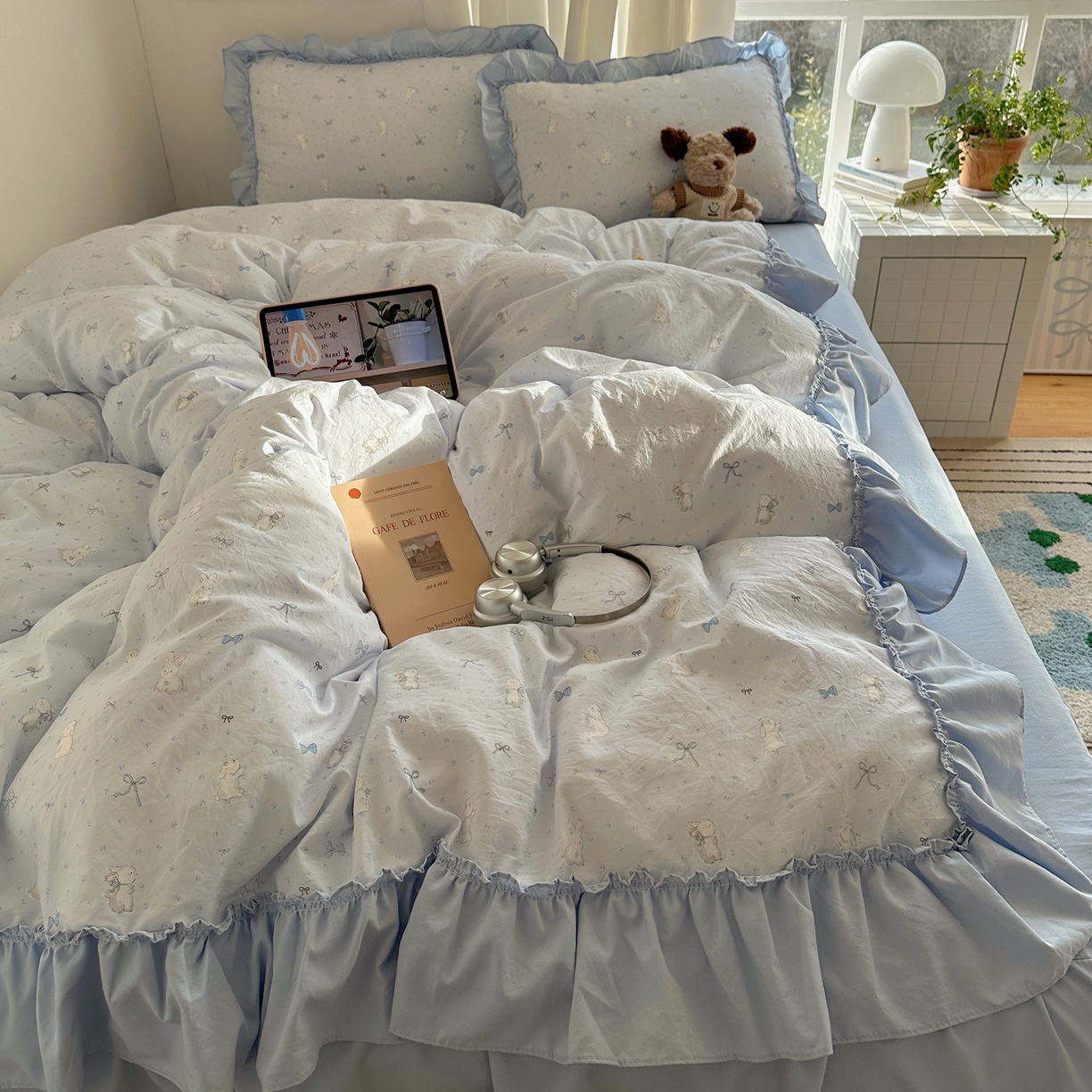 91家纺网 家纺一手货源 找家纺 韩都家居 2026新款韩系大花边系列古棉四件套 蓝海