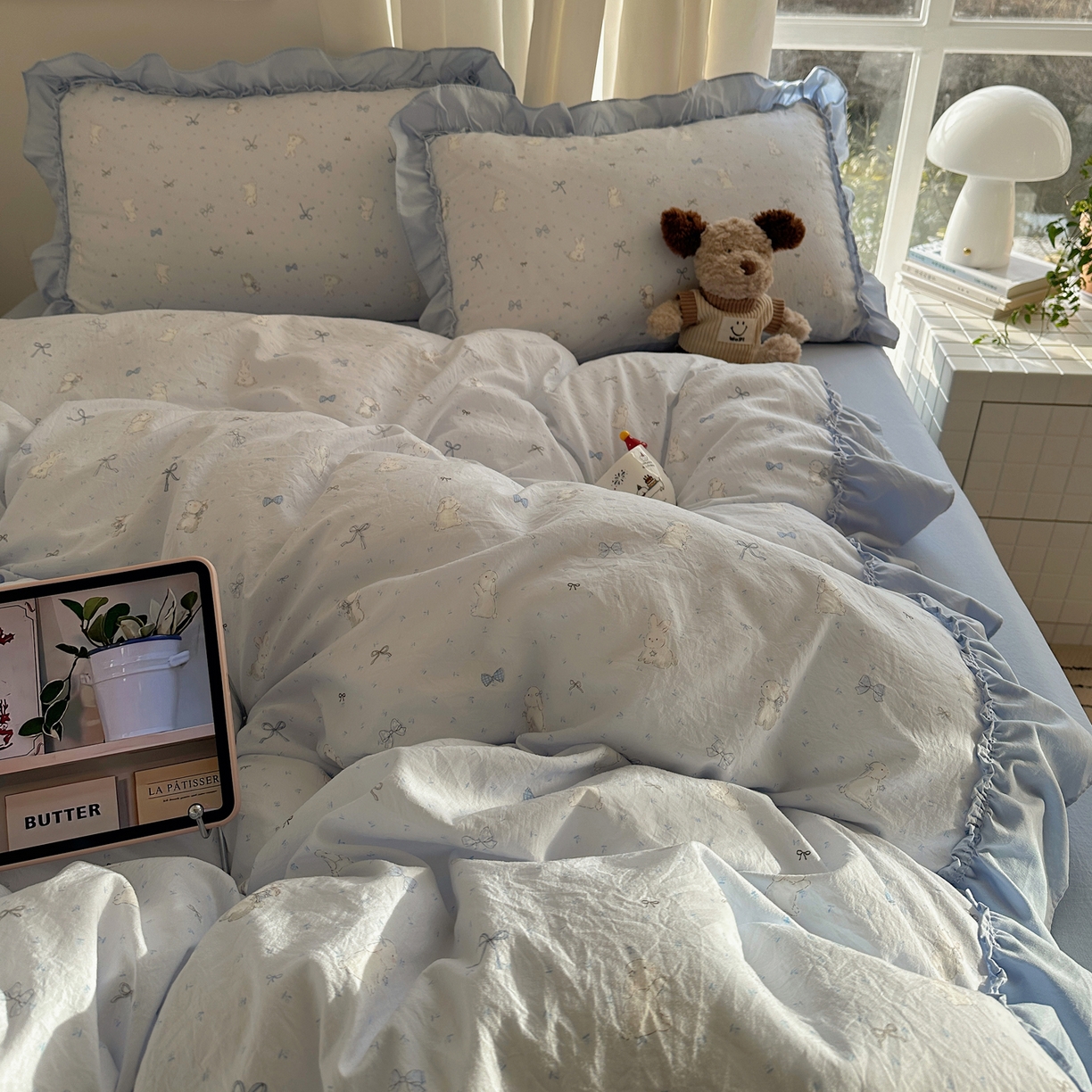 91家纺网 家纺一手货源 找家纺 韩都家居 2026新款韩系大花边系列古棉四件套 蓝海