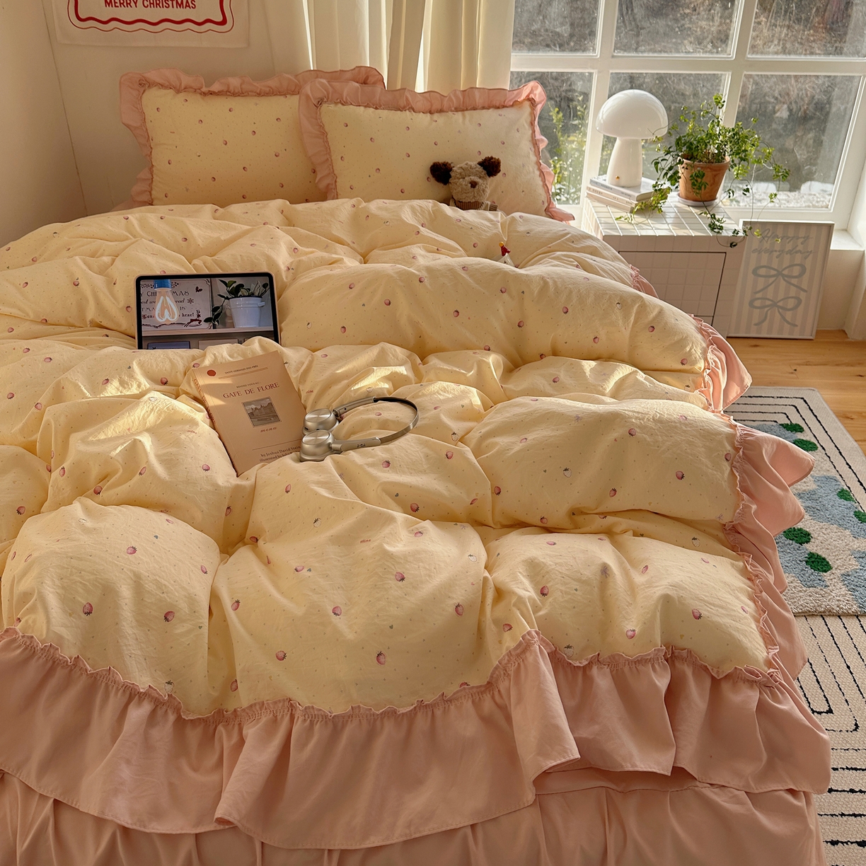 91家纺网 家纺一手货源 找家纺 韩都家居 2026新款韩系大花边系列古棉四件套 莓果