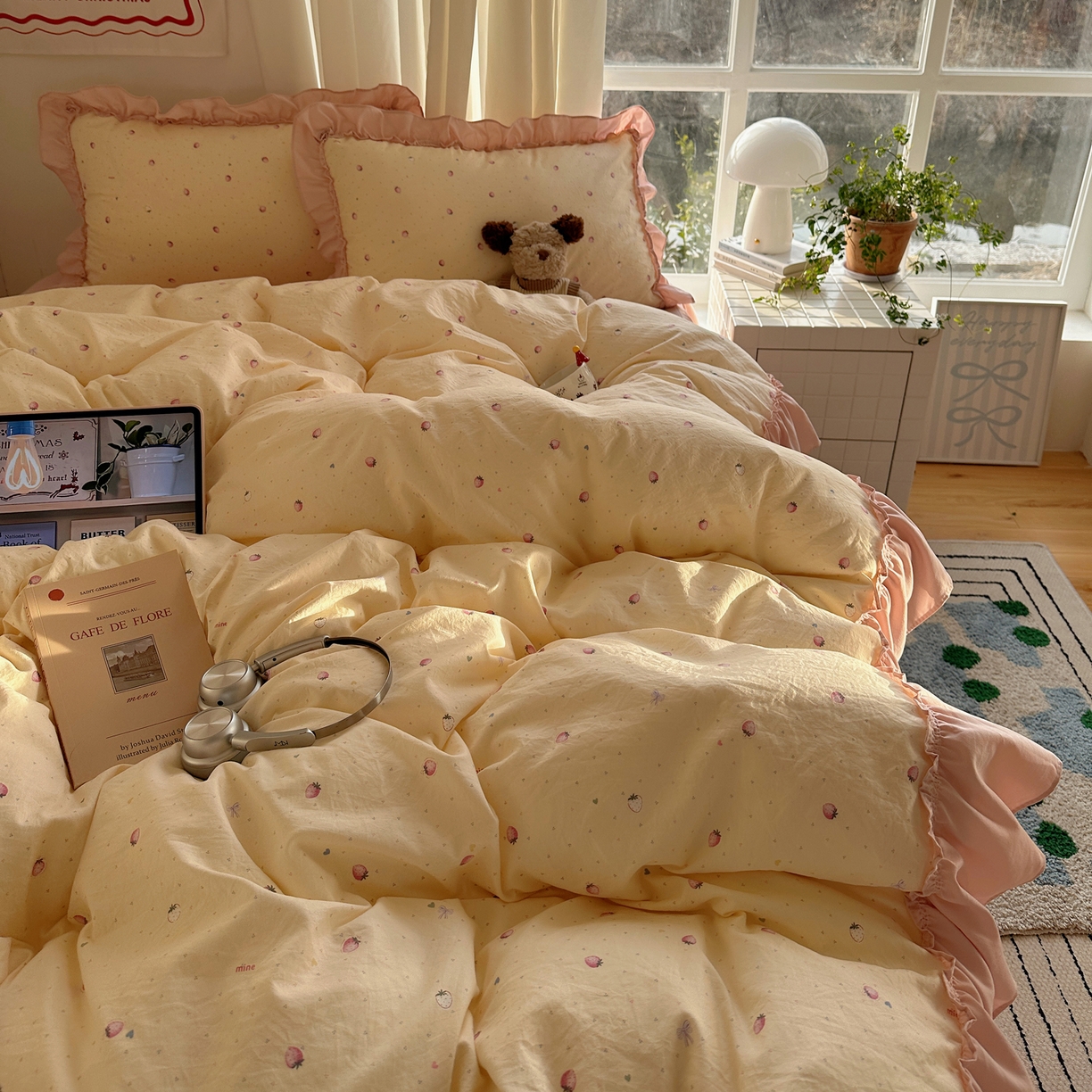 91家纺网 家纺一手货源 找家纺 韩都家居 2026新款韩系大花边系列古棉四件套 莓果