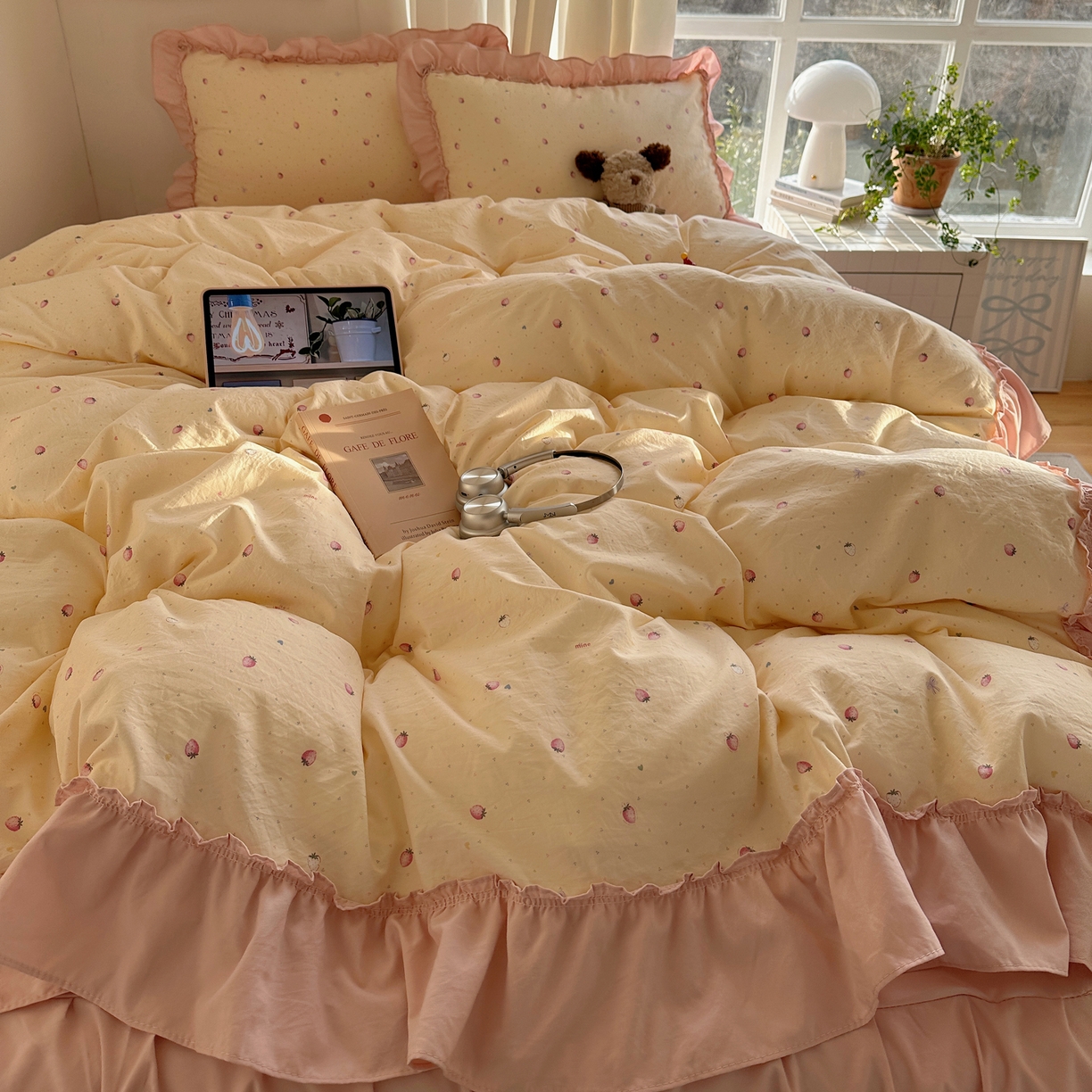 91家纺网 家纺一手货源 找家纺 韩都家居 2026新款韩系大花边系列古棉四件套 莓果