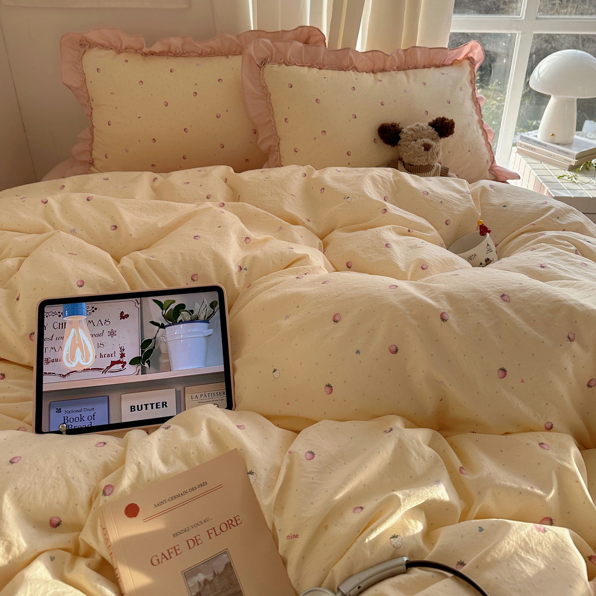 91家纺网 家纺一手货源 找家纺 韩都家居 2026新款韩系大花边系列古棉四件套 莓果