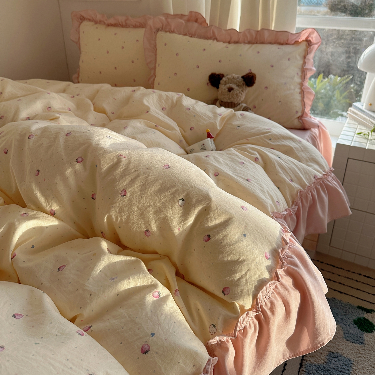 91家纺网 家纺一手货源 找家纺 韩都家居 2026新款韩系大花边系列古棉四件套 莓果