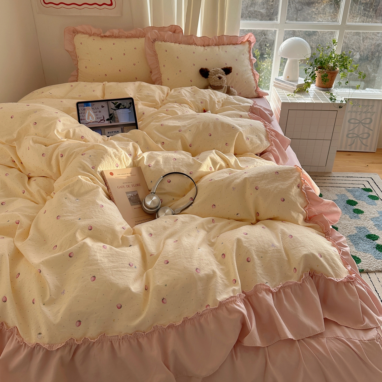 91家纺网 家纺一手货源 找家纺 韩都家居 2026新款韩系大花边系列古棉四件套 莓果