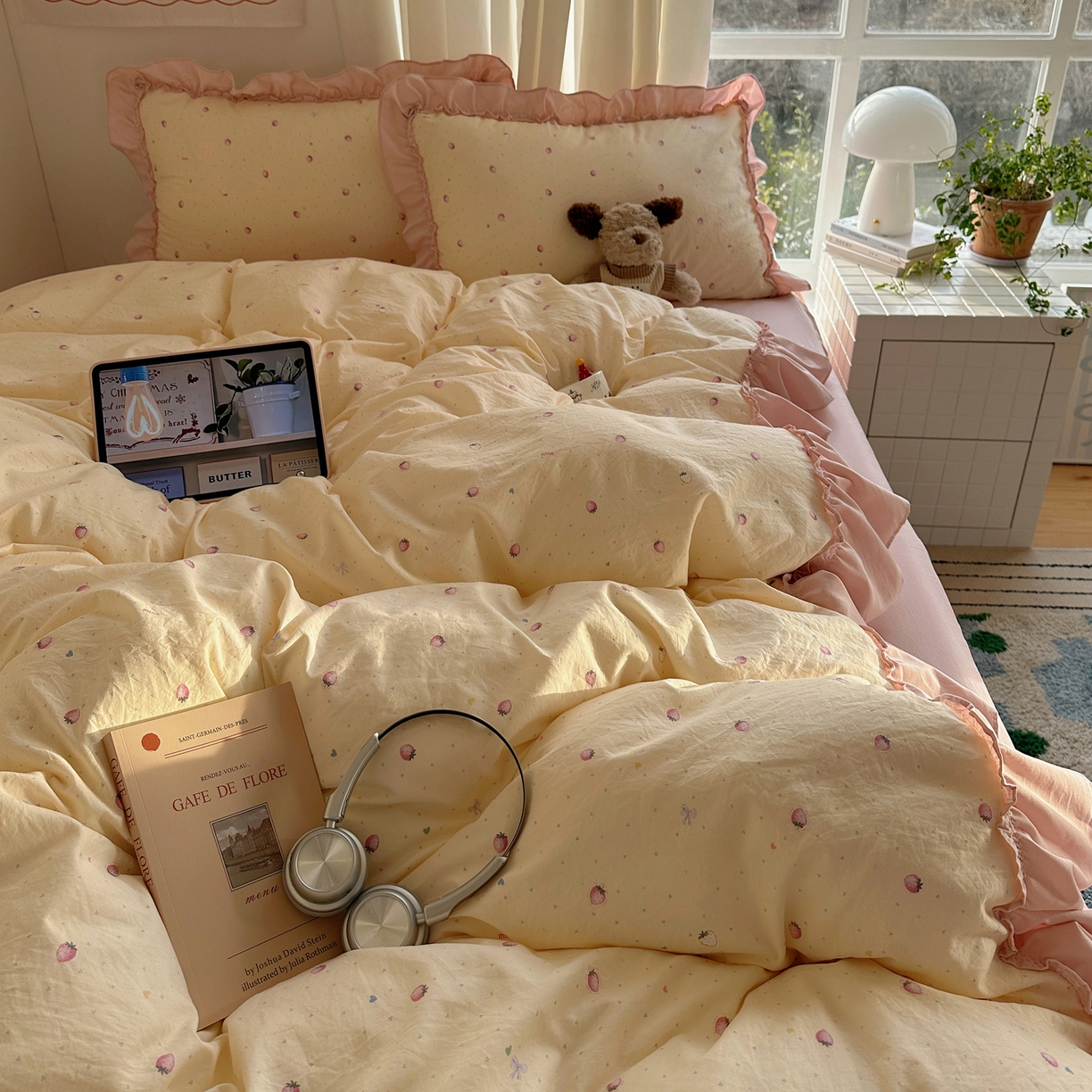 91家纺网 家纺一手货源 找家纺 韩都家居 2026新款韩系大花边系列古棉四件套 莓果