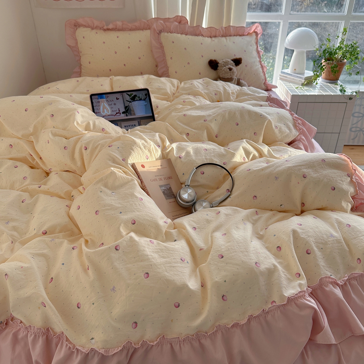 91家纺网 家纺一手货源 找家纺 韩都家居 2026新款韩系大花边系列古棉四件套 莓果