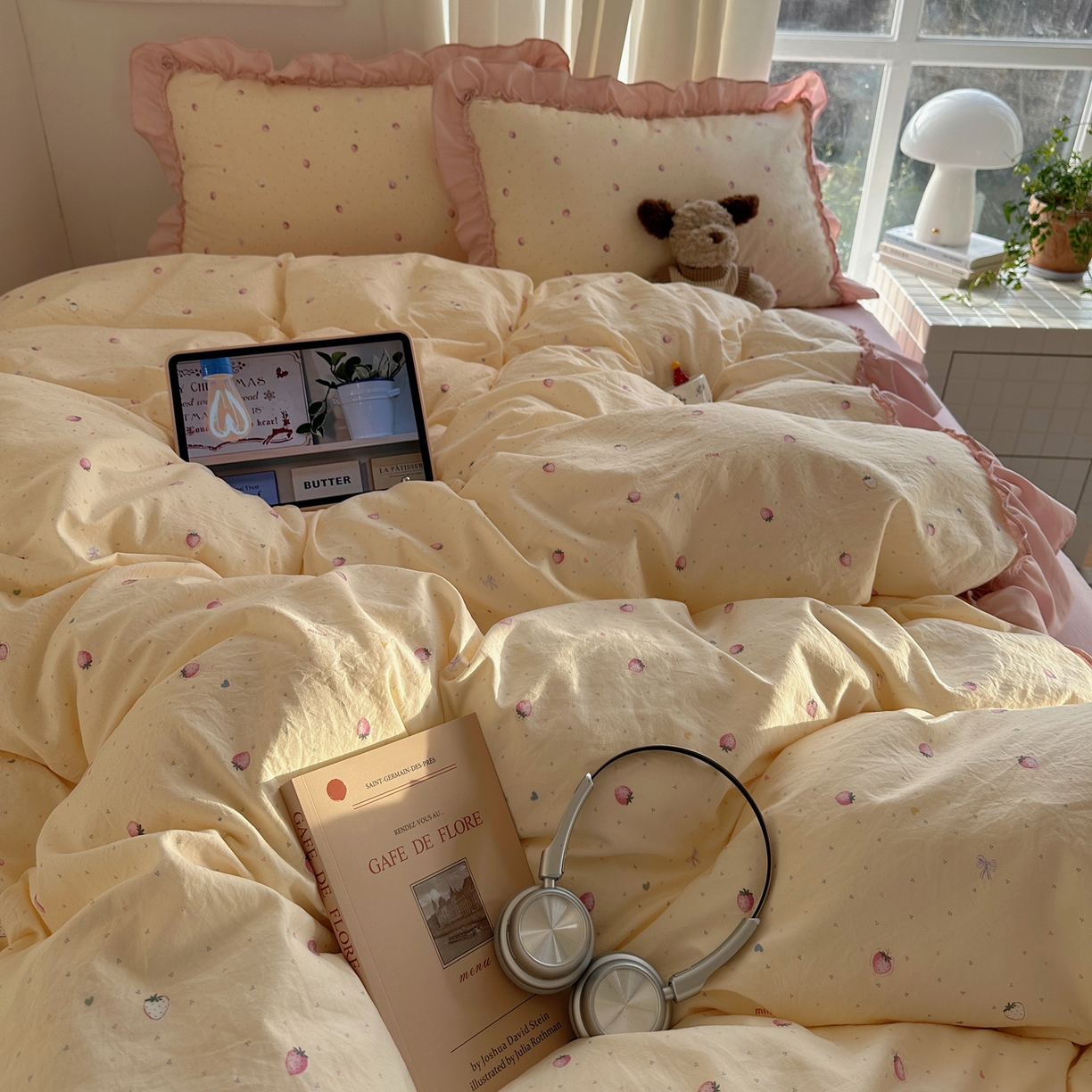 91家纺网 家纺一手货源 找家纺 韩都家居 2026新款韩系大花边系列古棉四件套 莓果