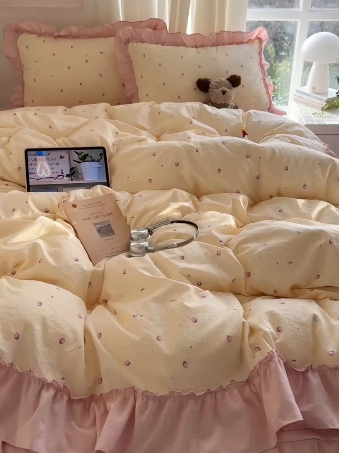 91家纺网 家纺一手货源 找家纺 韩都家居 2026新款韩系大花边系列古棉四件套 莓果