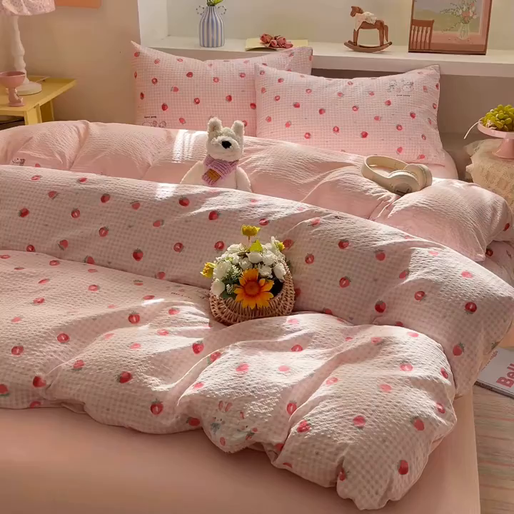 91家纺网 家纺一手货源 找家纺 卡迪熊家纺 2026新款软糯泡芙纱印花四件套 草莓兔兔