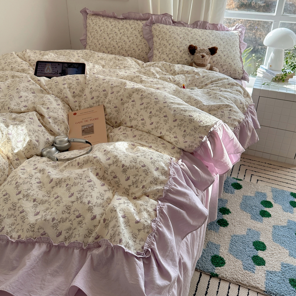 韩都家居 2026新款韩系大花边系列古棉四件套 紫苏