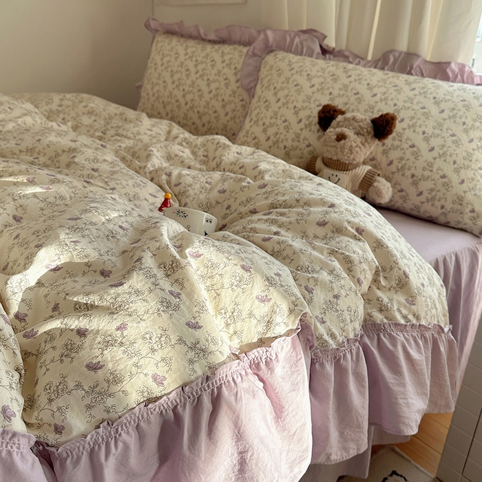 91家纺网 家纺一手货源 找家纺 韩都家居 2026新款韩系大花边系列古棉四件套 紫苏