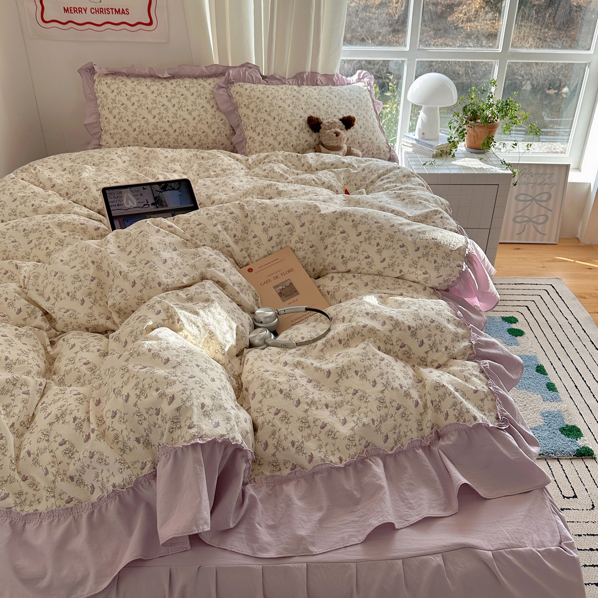 91家纺网 家纺一手货源 找家纺 韩都家居 2026新款韩系大花边系列古棉四件套 紫苏