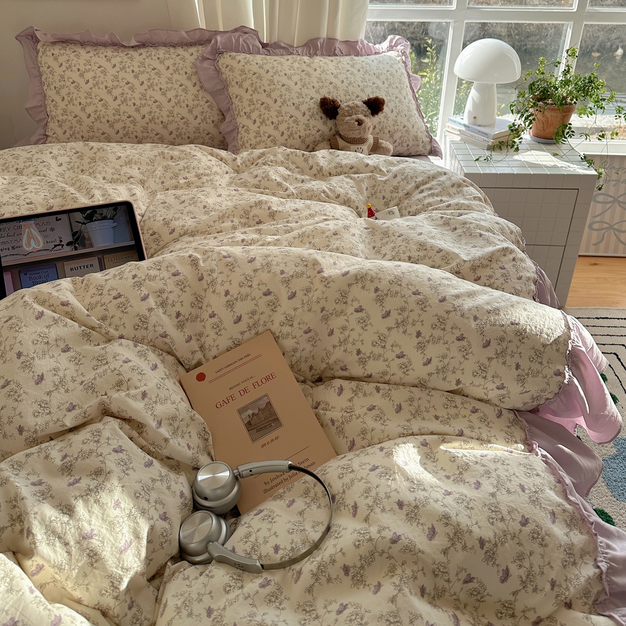 91家纺网 家纺一手货源 找家纺 韩都家居 2026新款韩系大花边系列古棉四件套 紫苏