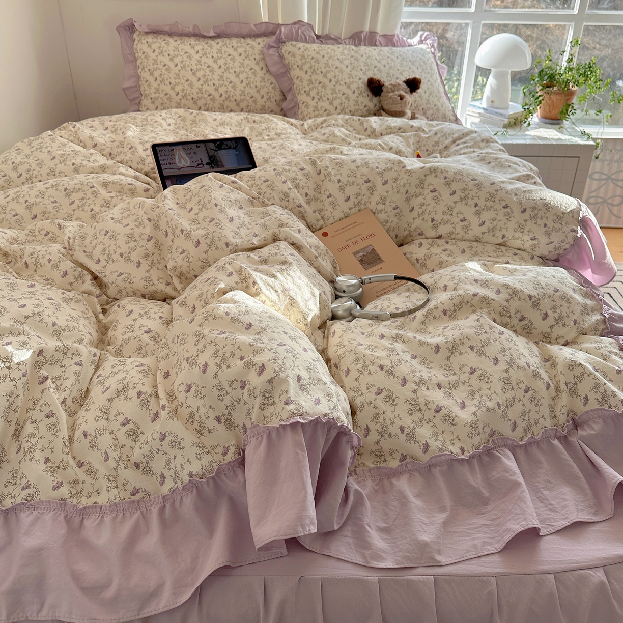 91家纺网 家纺一手货源 找家纺 韩都家居 2026新款韩系大花边系列古棉四件套 紫苏