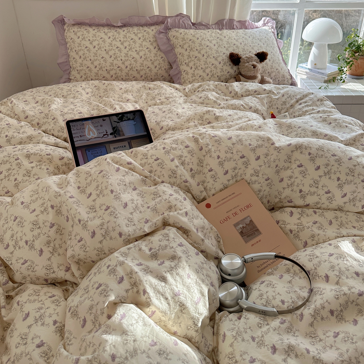 91家纺网 家纺一手货源 找家纺 韩都家居 2026新款韩系大花边系列古棉四件套 紫苏