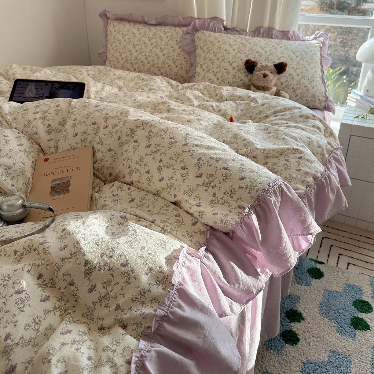 91家纺网 家纺一手货源 找家纺 韩都家居 2026新款韩系大花边系列古棉四件套 紫苏