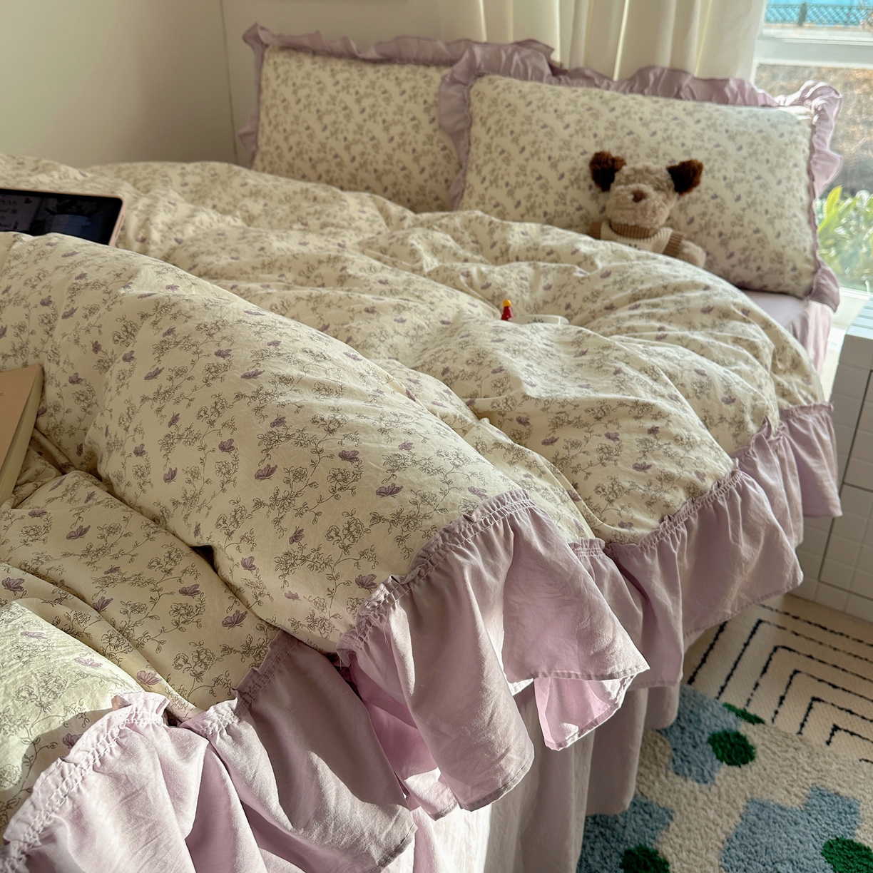 91家纺网 家纺一手货源 找家纺 韩都家居 2026新款韩系大花边系列古棉四件套 紫苏