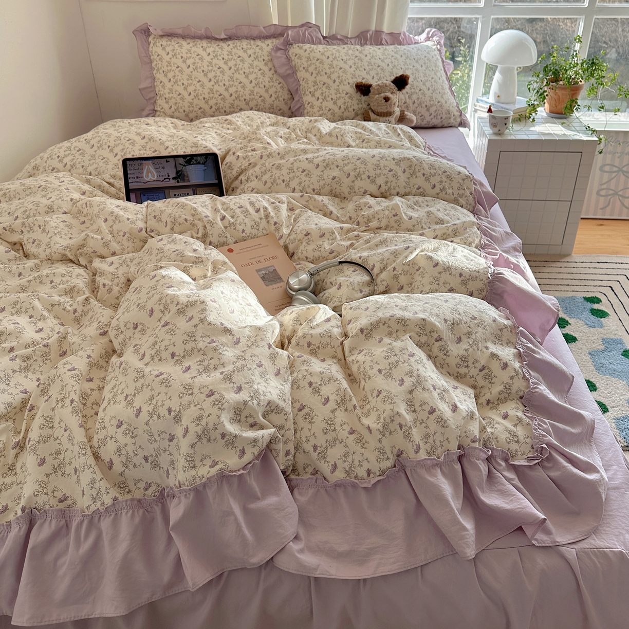 91家纺网 家纺一手货源 找家纺 韩都家居 2026新款韩系大花边系列古棉四件套 紫苏