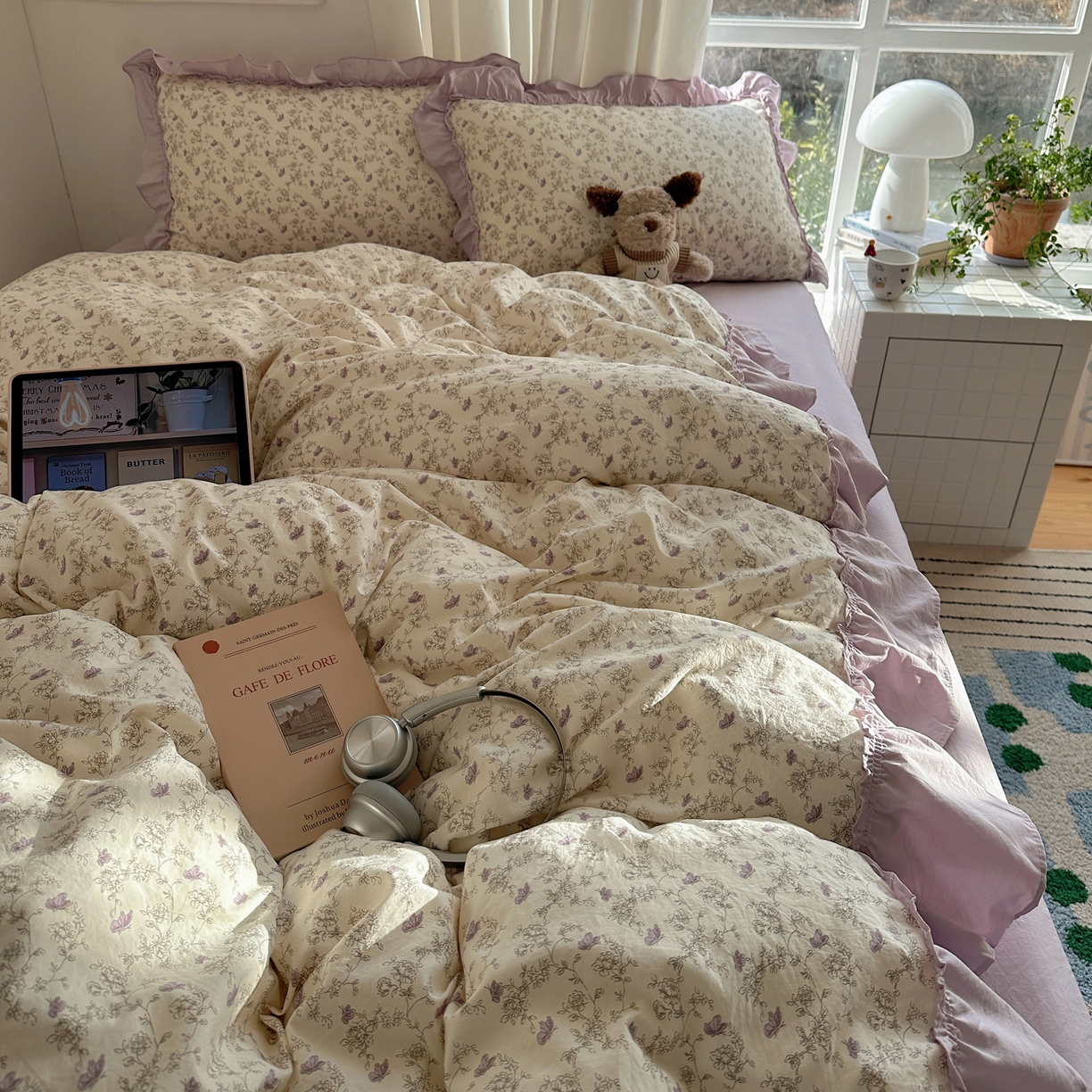 91家纺网 家纺一手货源 找家纺 韩都家居 2026新款韩系大花边系列古棉四件套 紫苏