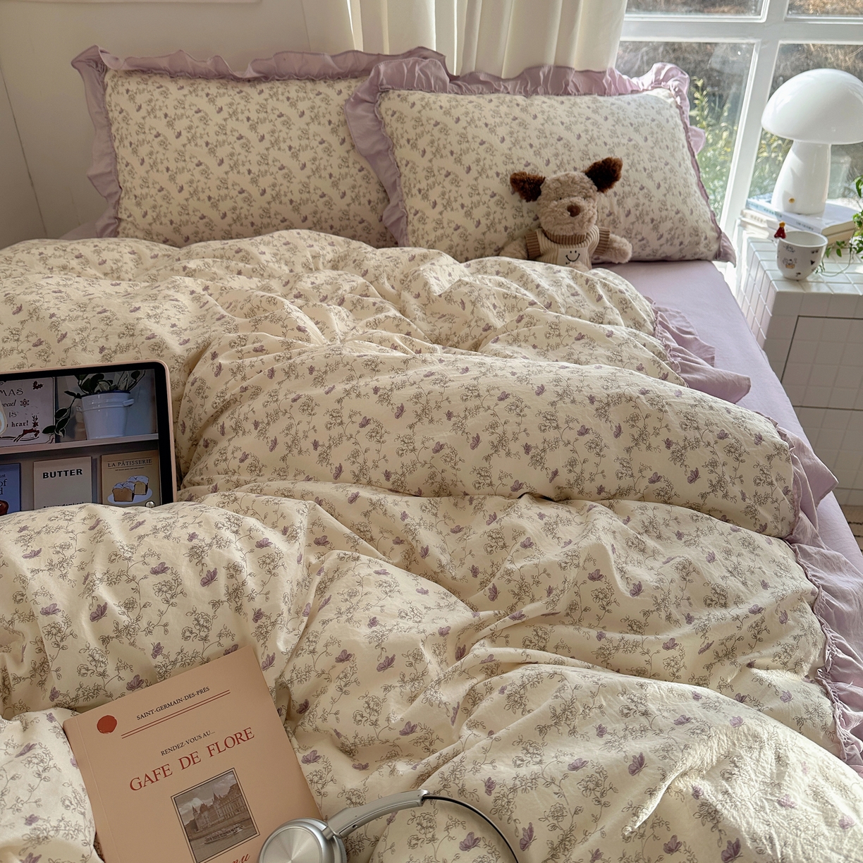 91家纺网 家纺一手货源 找家纺 韩都家居 2026新款韩系大花边系列古棉四件套 紫苏