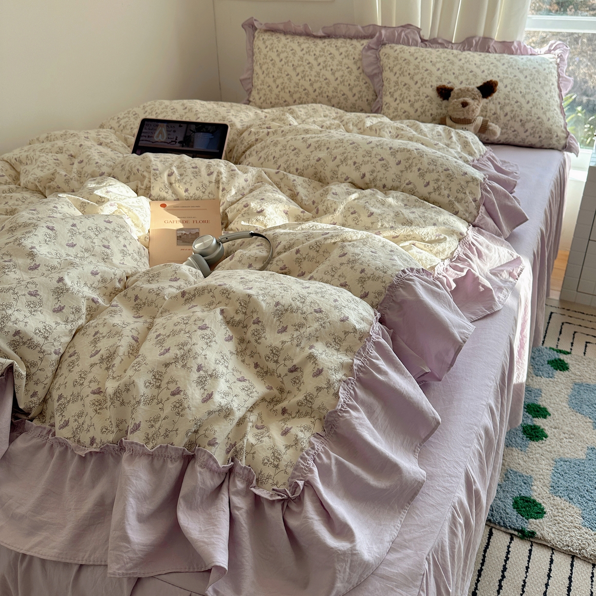 91家纺网 家纺一手货源 找家纺 韩都家居 2026新款韩系大花边系列古棉四件套 紫苏