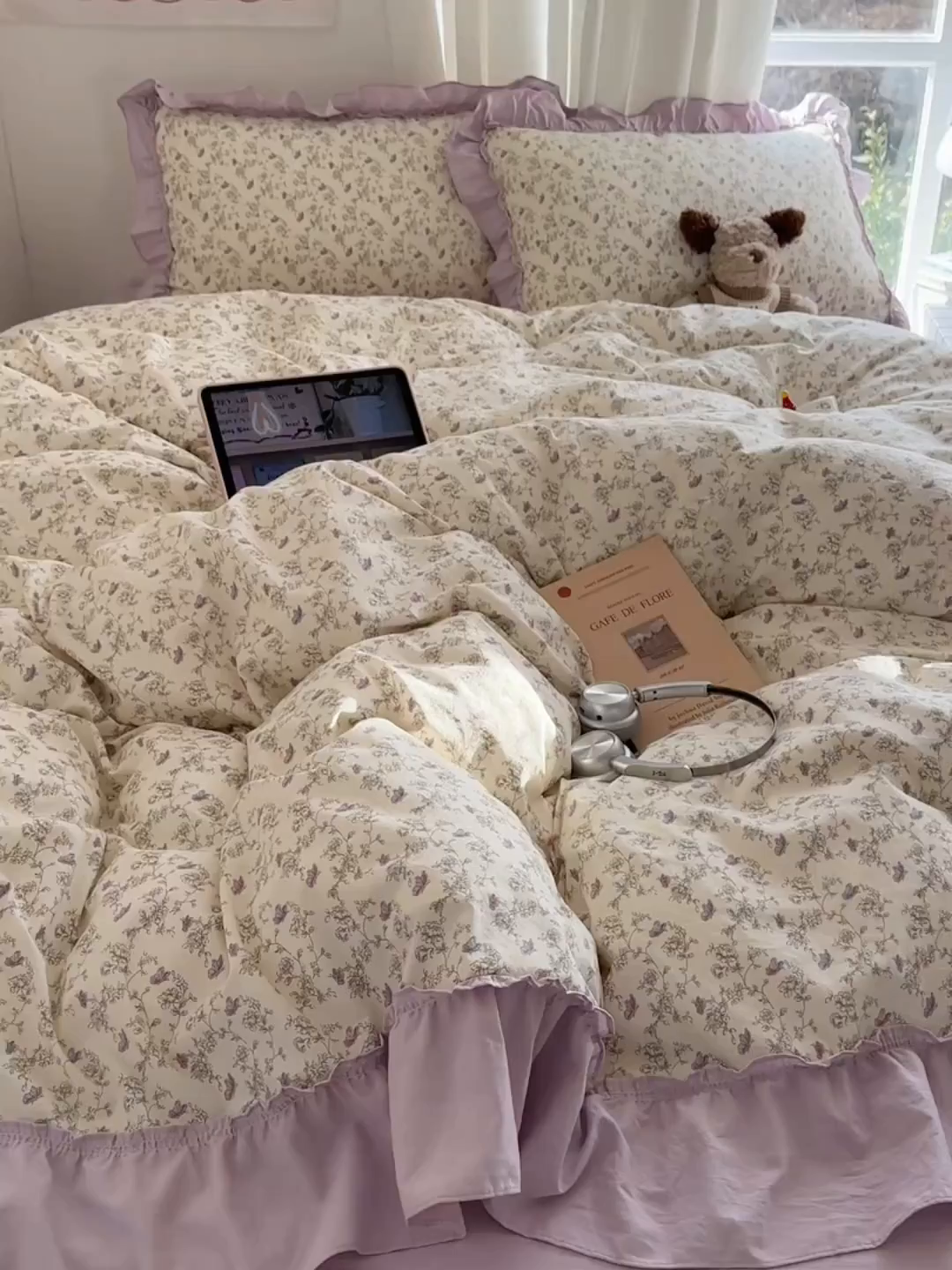 91家纺网 家纺一手货源 找家纺 韩都家居 2026新款韩系大花边系列古棉四件套 紫苏