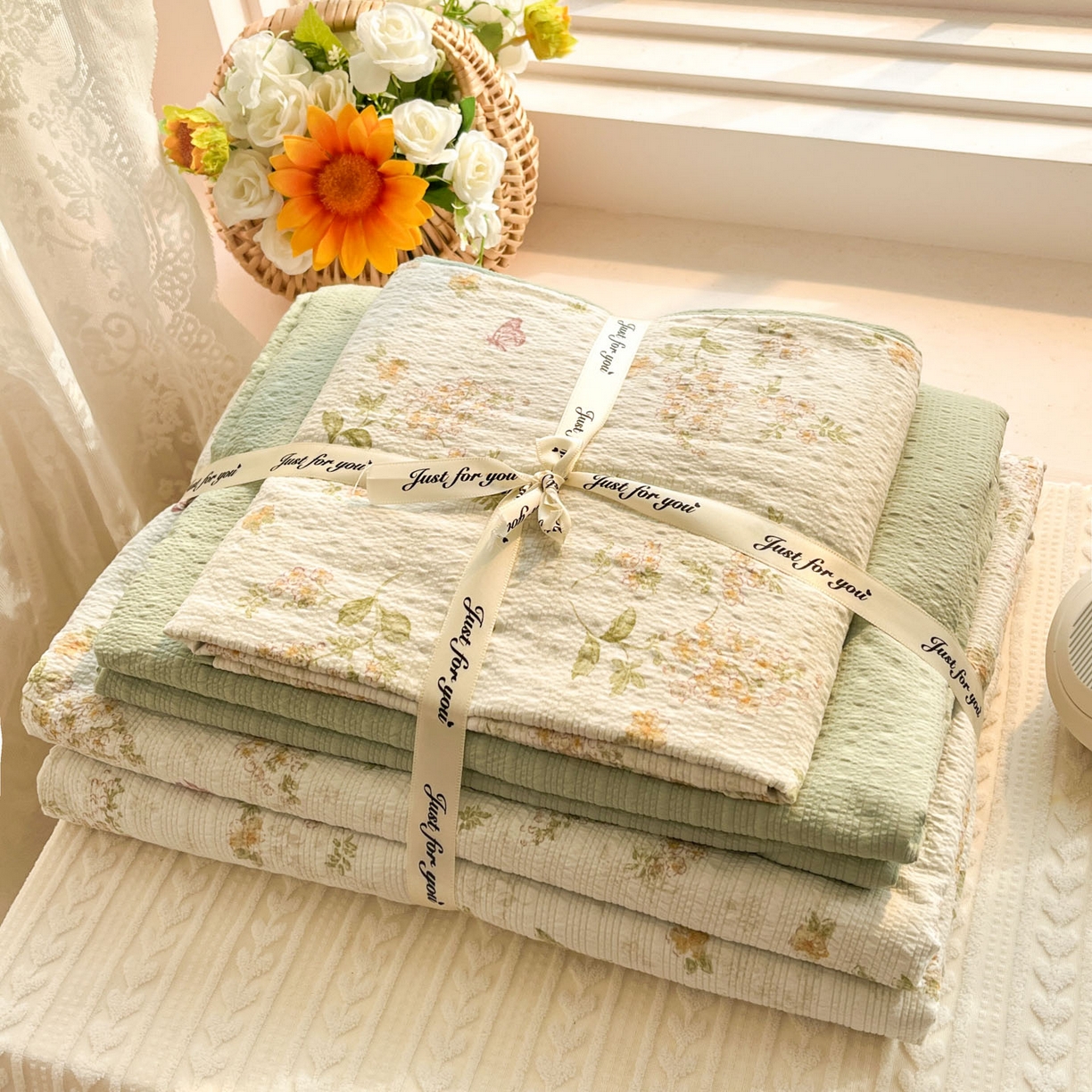 91家纺网 家纺一手货源 找家纺 卡迪熊家纺 2026新款软糯泡芙纱印花四件套 花间飞舞