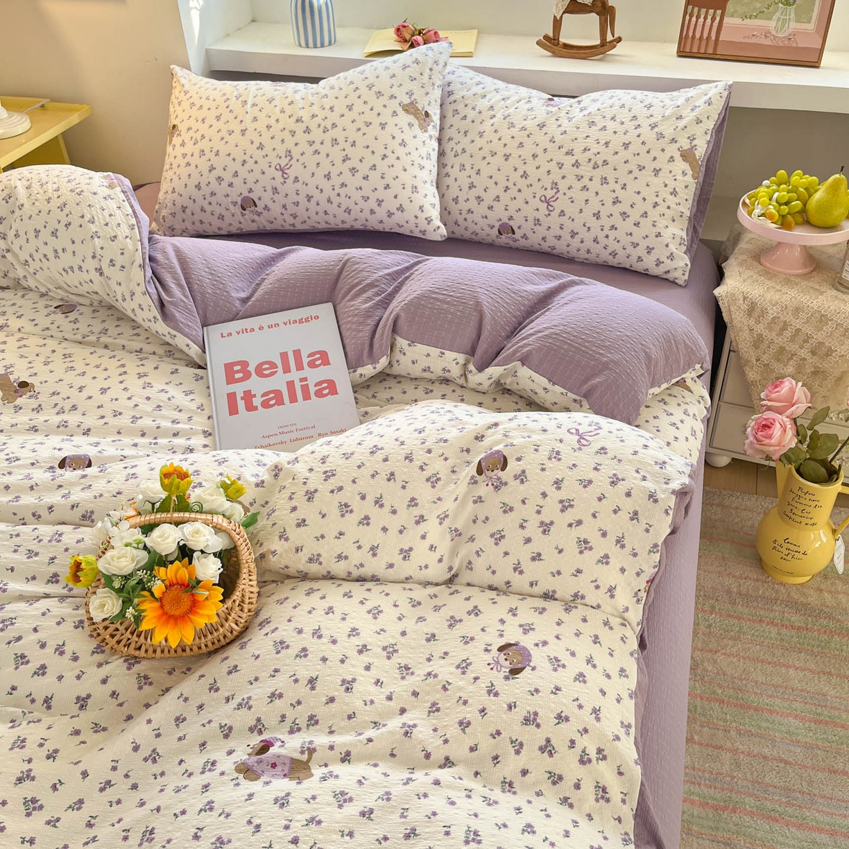 91家纺网 家纺一手货源 找家纺 卡迪熊家纺 2026新款软糯泡芙纱印花四件套 花间狗狗