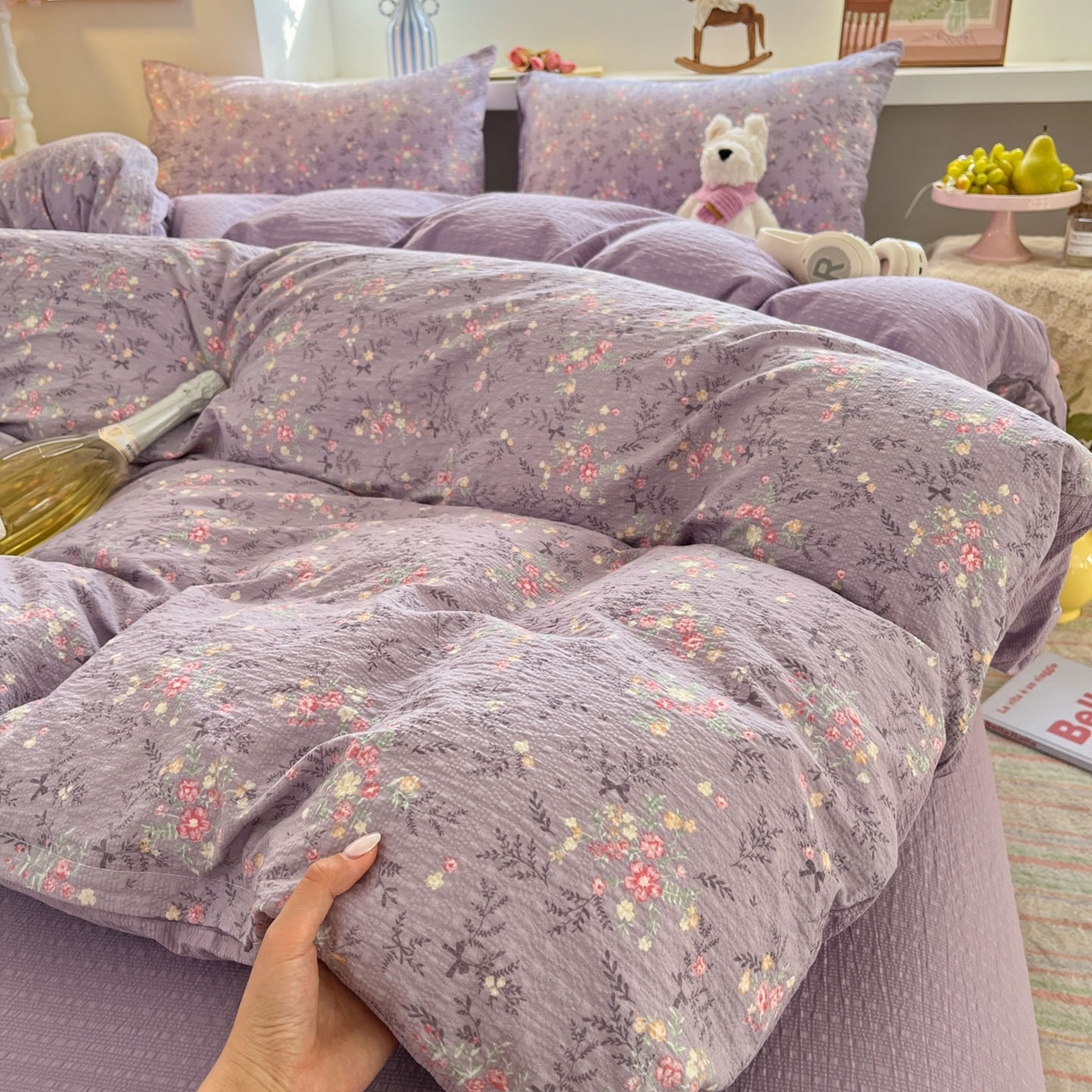 91家纺网 家纺一手货源 找家纺 卡迪熊家纺 2026新款软糯泡芙纱印花四件套 花枝招展