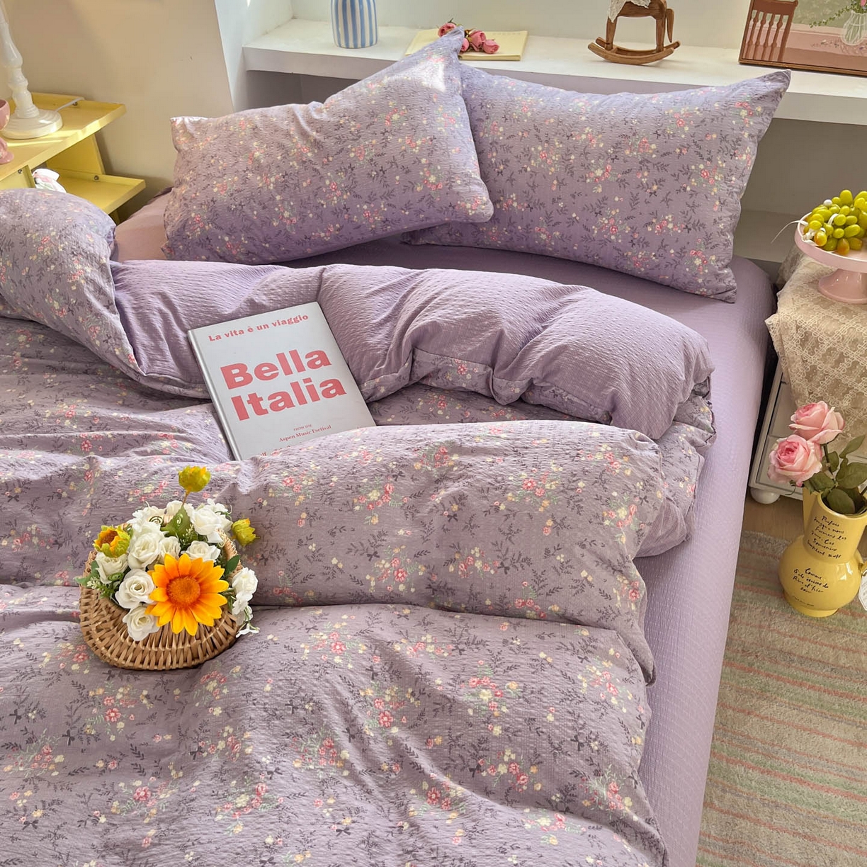 91家纺网 家纺一手货源 找家纺 卡迪熊家纺 2026新款软糯泡芙纱印花四件套 花枝招展