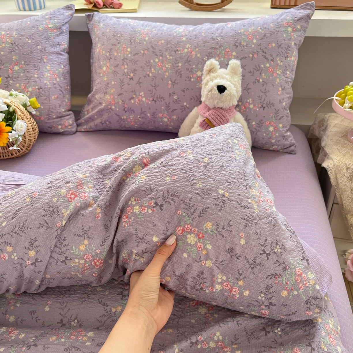 91家纺网 家纺一手货源 找家纺 卡迪熊家纺 2026新款软糯泡芙纱印花四件套 花枝招展