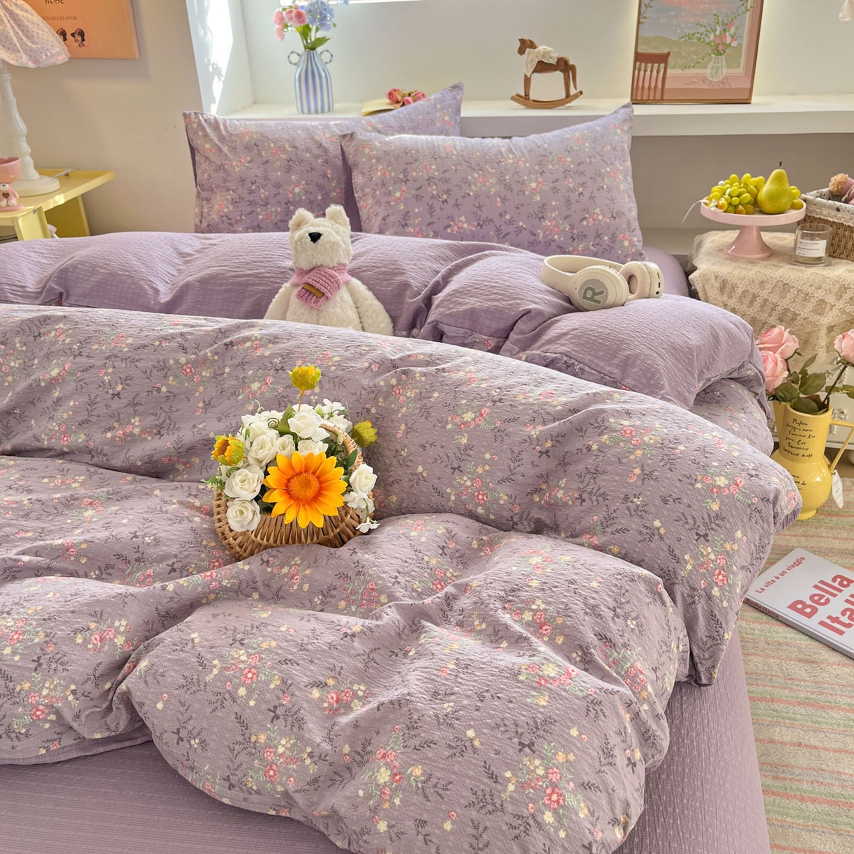 91家纺网 家纺一手货源 找家纺 卡迪熊家纺 2026新款软糯泡芙纱印花四件套 花枝招展