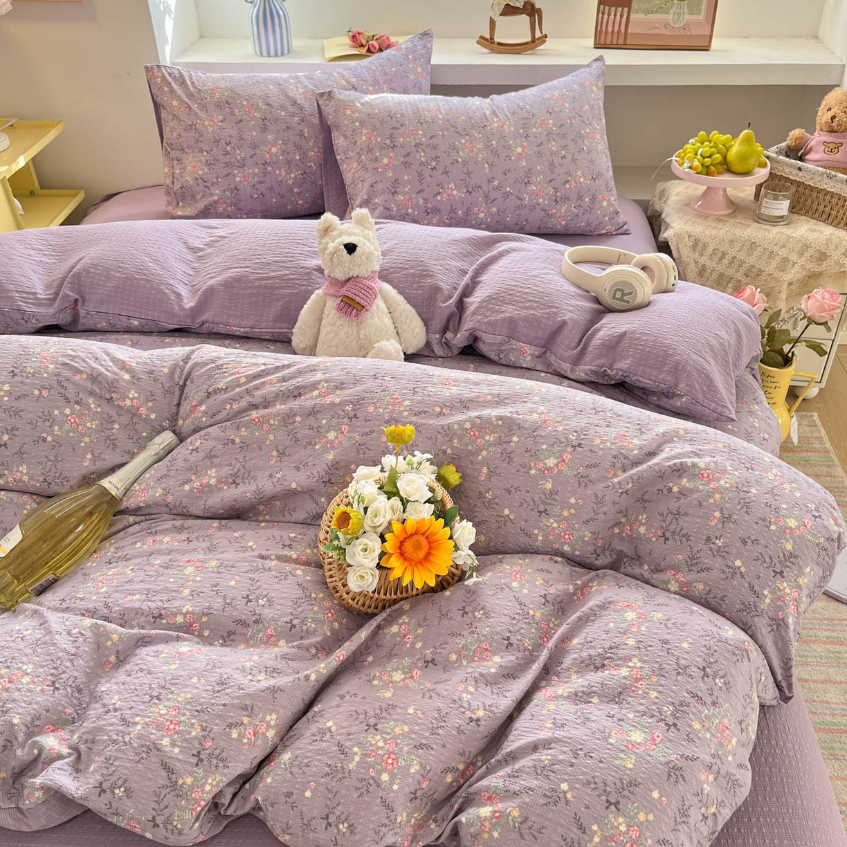 91家纺网 家纺一手货源 找家纺 卡迪熊家纺 2026新款软糯泡芙纱印花四件套 花枝招展