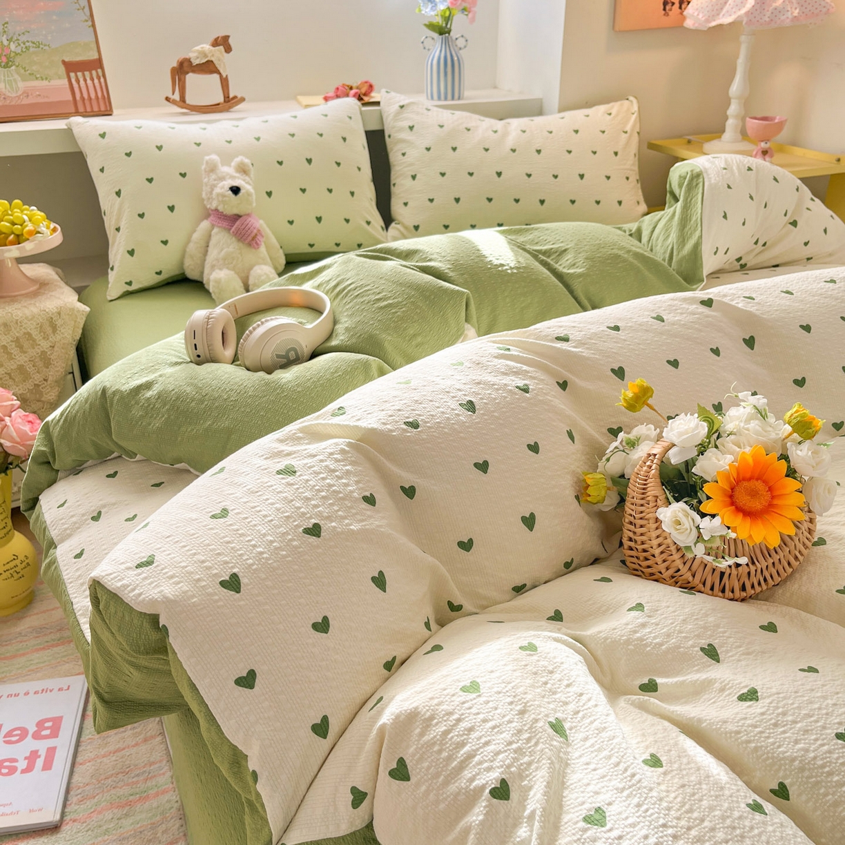 91家纺网 家纺一手货源 找家纺 卡迪熊家纺 2026新款软糯泡芙纱印花四件套 绿色爱心