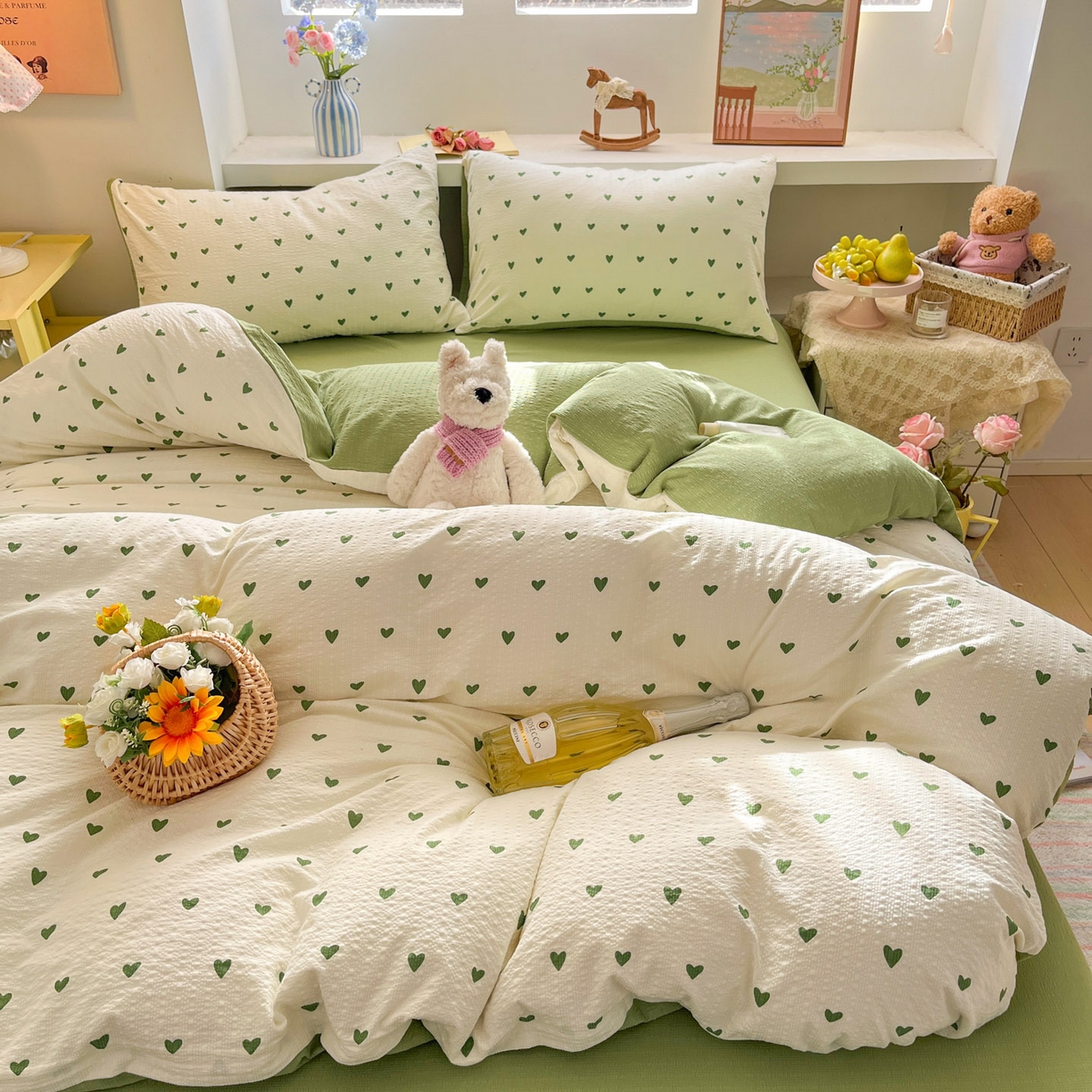 91家纺网 家纺一手货源 找家纺 卡迪熊家纺 2026新款软糯泡芙纱印花四件套 绿色爱心