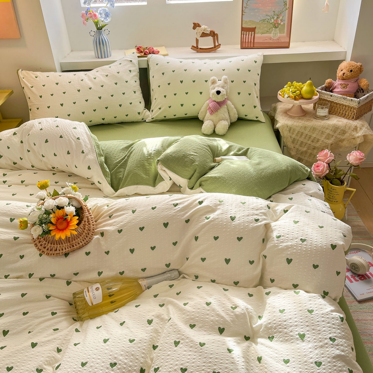 91家纺网 家纺一手货源 找家纺 卡迪熊家纺 2026新款软糯泡芙纱印花四件套 绿色爱心