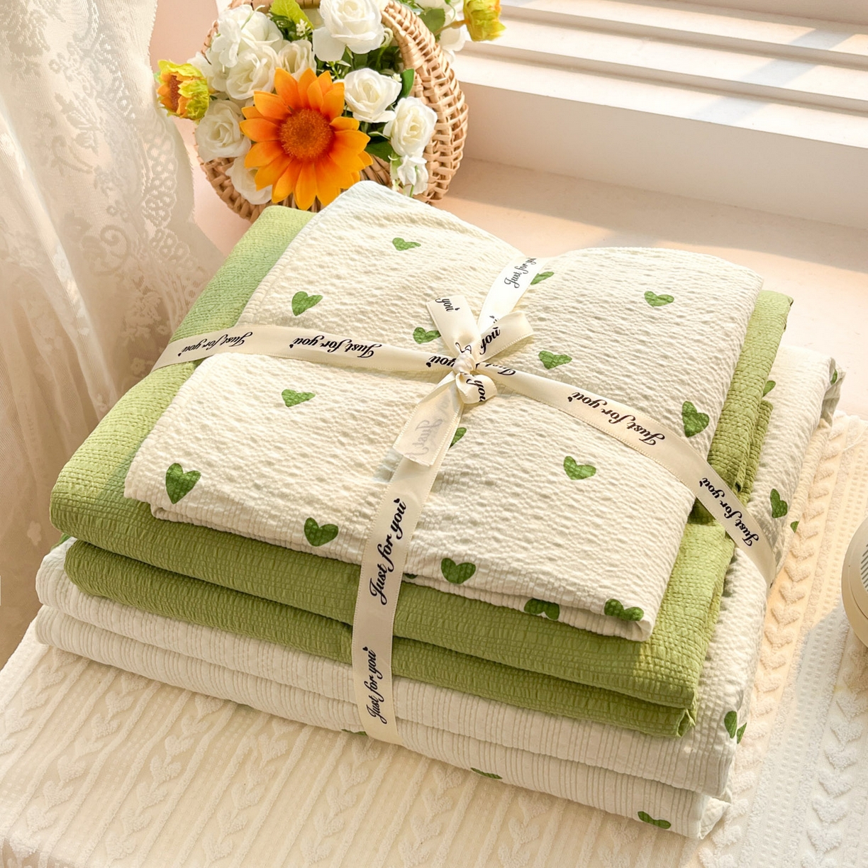 91家纺网 家纺一手货源 找家纺 卡迪熊家纺 2026新款软糯泡芙纱印花四件套 绿色爱心