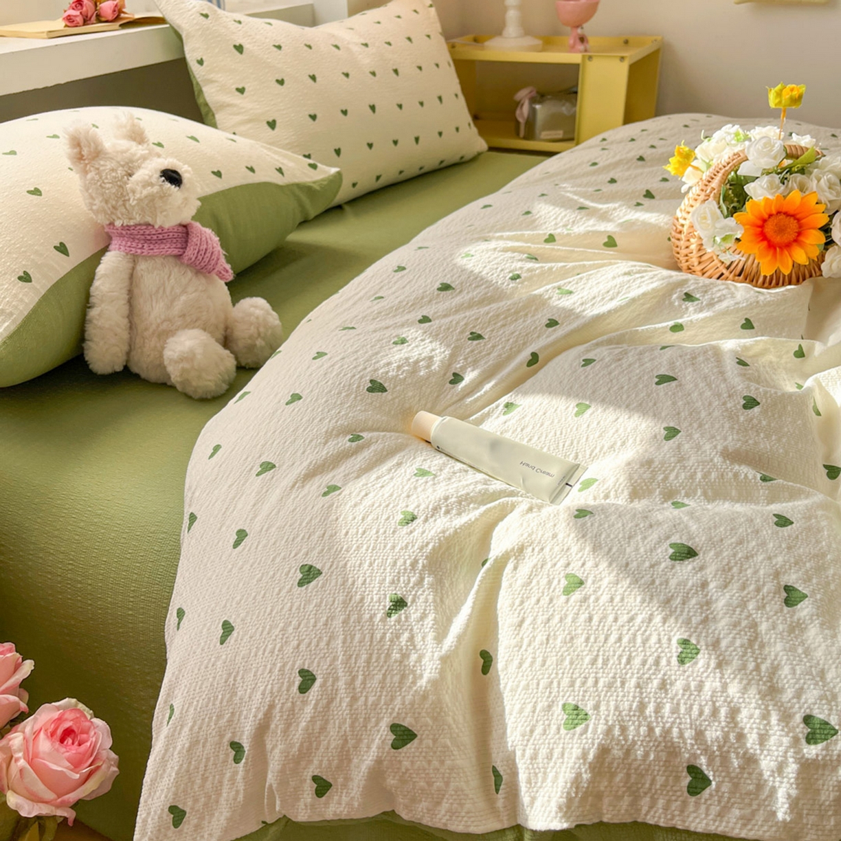 91家纺网 家纺一手货源 找家纺 卡迪熊家纺 2026新款软糯泡芙纱印花四件套 绿色爱心