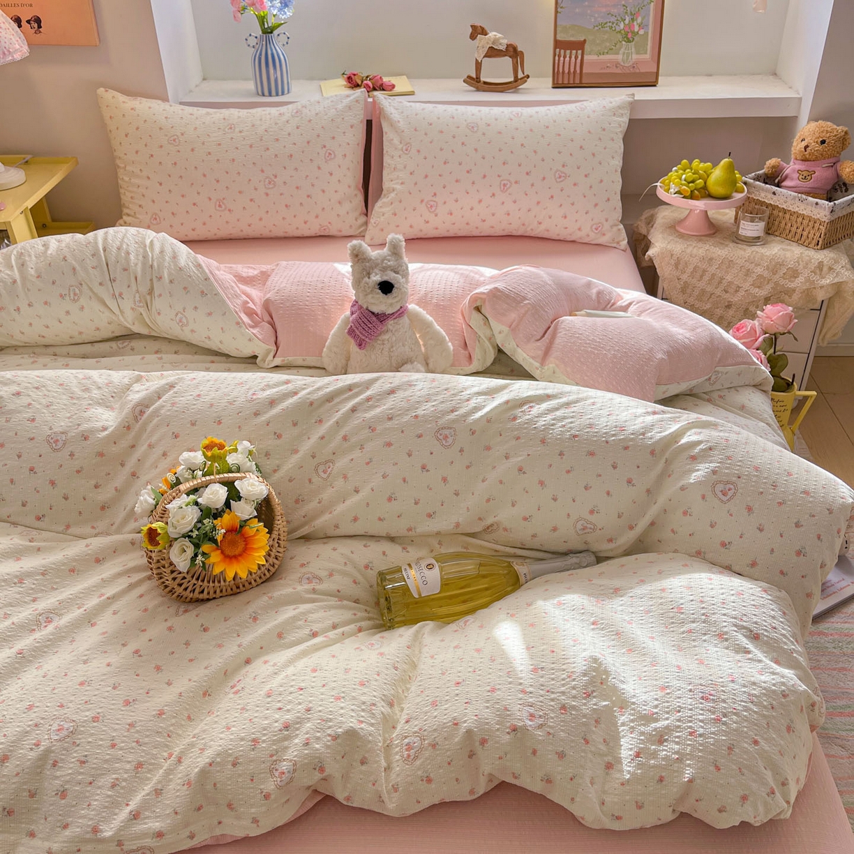 91家纺网 家纺一手货源 找家纺 卡迪熊家纺 2026新款软糯泡芙纱印花四件套 玫瑰物语