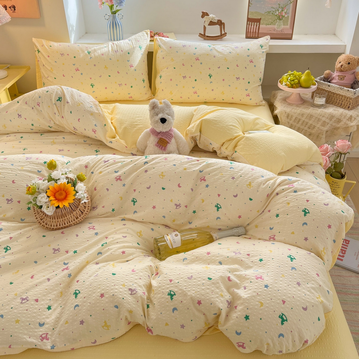 91家纺网 家纺一手货源 找家纺 卡迪熊家纺 2026新款软糯泡芙纱印花四件套 梦幻世界