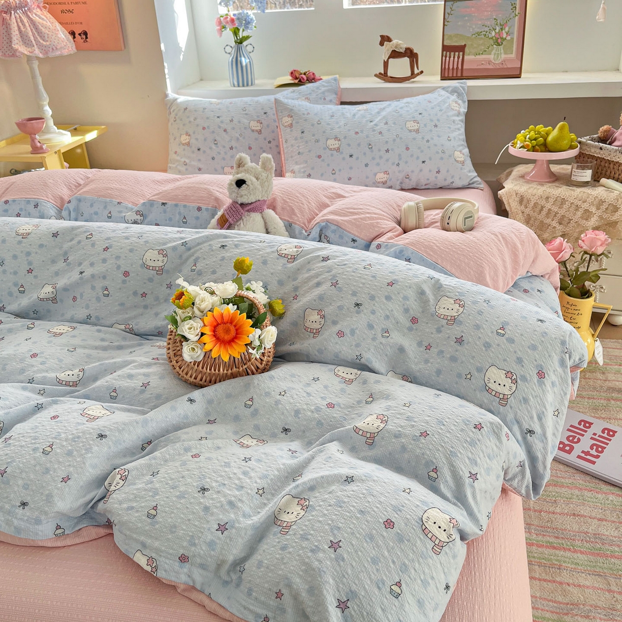 91家纺网 家纺一手货源 找家纺 卡迪熊家纺 2026新款软糯泡芙纱印花四件套 星星猫咪