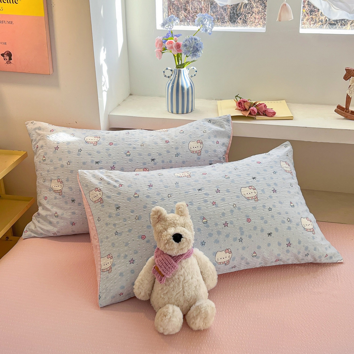 91家纺网 家纺一手货源 找家纺 卡迪熊家纺 2026新款软糯泡芙纱印花四件套 星星猫咪