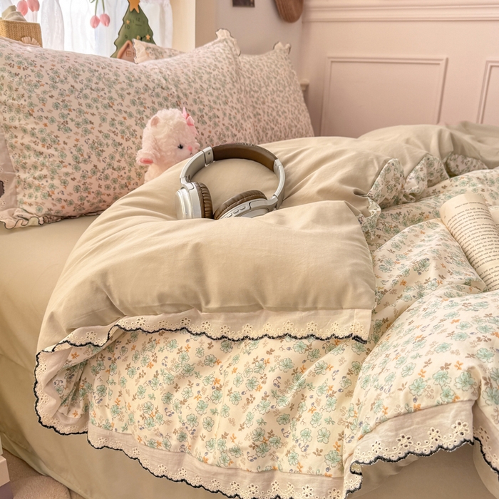 91家纺网 家纺一手货源 找家纺 富米莱（原臻工厂） 2026新款A类仿棉古法水洗棉法式全棉花边四件套 春野