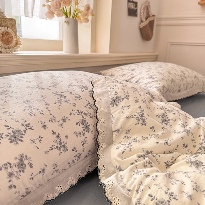 91家纺网 家纺一手货源 找家纺 富米莱（原臻工厂） 2026新款A类仿棉古法水洗棉法式全棉花边四件套 青花瓷